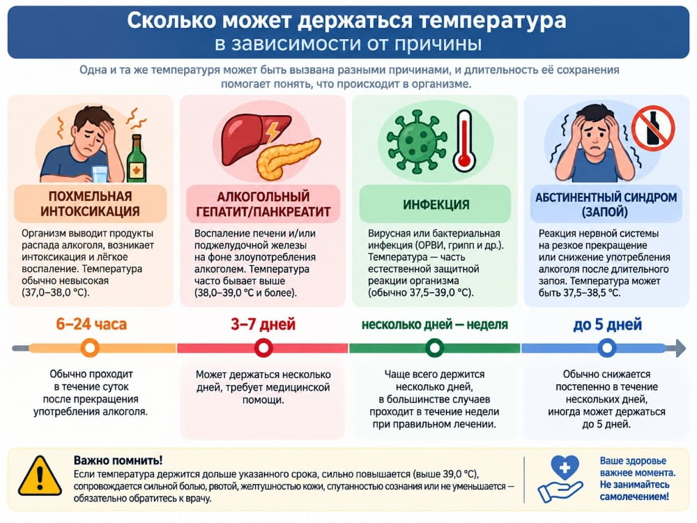 инфографика сколько держится температура после алкоголя
